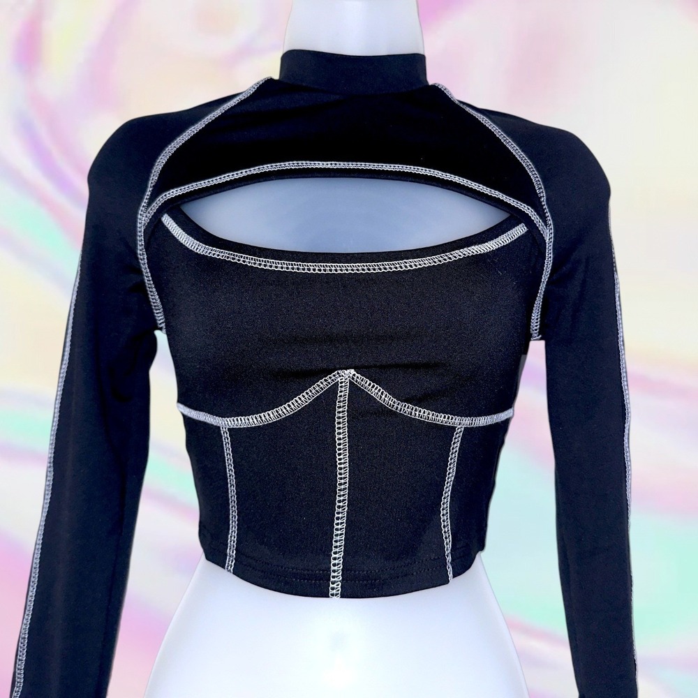 New Small Black‎ Mock Neck Cutout Long Sleeve Crop Top Contrast Stitching Y2k